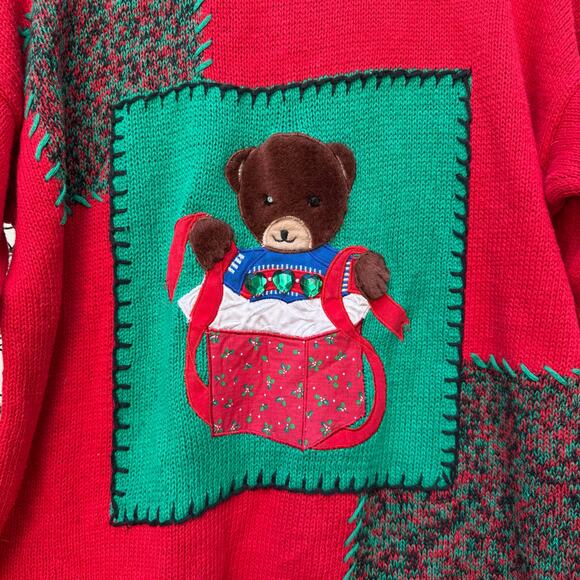 Vintage 90s Work in Progress Red Teddy Bear Christmas Sweater SMALL - Picture 2 of 8